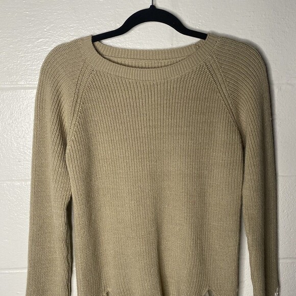 Womans Knit Tunic Lace Crochet Ruffle Hem Beige Sweater SZ ? M Embroidered  Boho - Picture 8 of 11